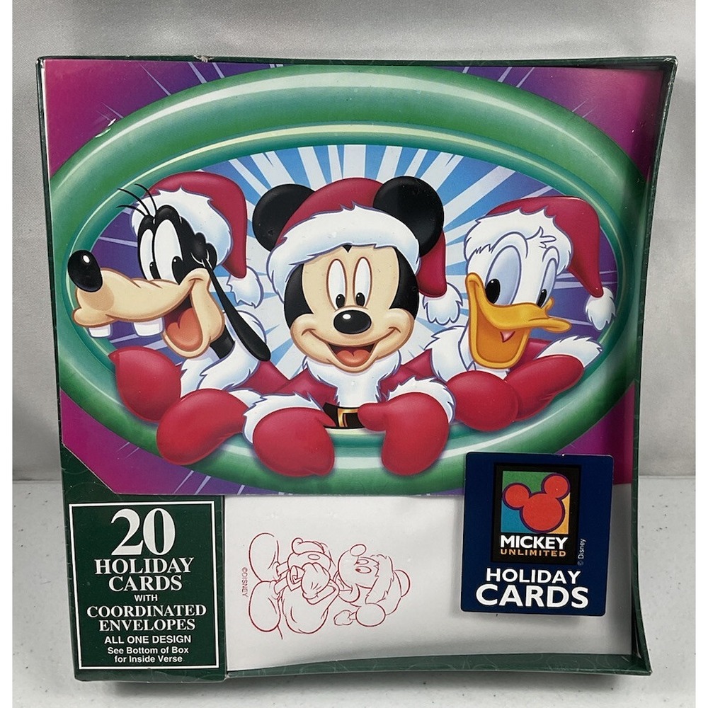 Vintage Disney Mickey Unlimited 20 Holiday Cards Mickey Goofy Donald Santa Hat